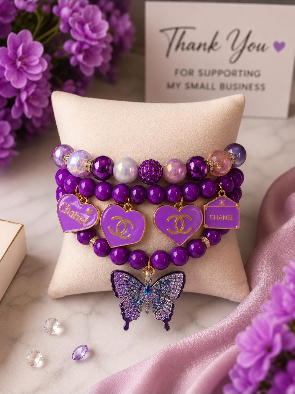 CHANEL Purple Beaded Charm Bracelet Stack with Crystal Butterfly